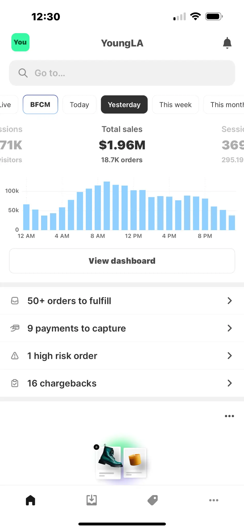 Shopify dashboard, $1.96M BFCM